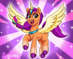 Size: 2500x2000 | Tagged: safe, artist:zendora, derpibooru import, sunny starscout, alicorn, pony, g5, my little pony: a new generation, my little pony: make your mark, my little pony: tell your tale, alicornified, artificial horn, artificial wings, augmented, colored hooves, female, horn, image, looking at you, magic, magic horn, magic wings, mane stripe sunny, mare, open mouth, open smile, pink background, png, purple background, race swap, shine, simple background, smiling, smiling at you, solo, sparkles, spread wings, sunburst background, sunnycorn, transformation, wings