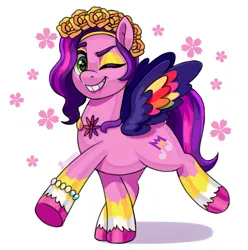 Size: 1974x1988 | Tagged: safe, artist:zendora, derpibooru import, pipp petals, pegasus, pony, g5, my little pony: make your mark, my little pony: tell your tale, spoiler:g5, spoiler:my little pony: make your mark, spoiler:my little pony: make your mark chapter 4, spoiler:mymc04e01, adorapipp, backwards cutie mark, bridlewoodstock, bridlewoodstock (make your mark), bridlewoodstock (tell your tale), cute, female, festive, floral head wreath, flower, grin, image, looking at you, mare, my little pony: make your mark chapter 4, one eye closed, pippsqueaks, png, princess, simple background, smiling, smiling at you, solo, white background, wings, wink, winking at you