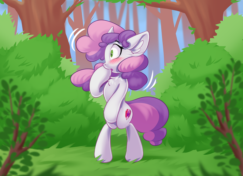 Size: 2048x1482 | Tagged: safe, artist:kittytitikitty, derpibooru import, sweetie belle, pony, unicorn, bipedal, blushing, chest fluff, ear fluff, female, forest, image, png, scenery, solo, tree