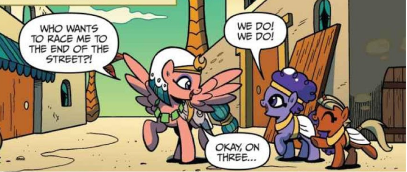 Size: 1118x474 | Tagged: safe, artist:brendahickey, derpibooru import, idw, somnambula, unnamed character, unnamed pony, pegasus, pony, legends of magic, spoiler:comic, spoiler:comiclom5, comic, female, foal, image, mare, official comic, png