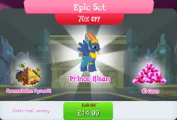 Size: 1265x854 | Tagged: safe, derpibooru import, official, prince hisan, pegasus, pony, bundle, bush, costs real money, english, gameloft, gem, image, jpeg, male, mobile game, my little pony: magic princess, numbers, pyramid, sale, solo, solo focus, spread wings, stallion, text, wings