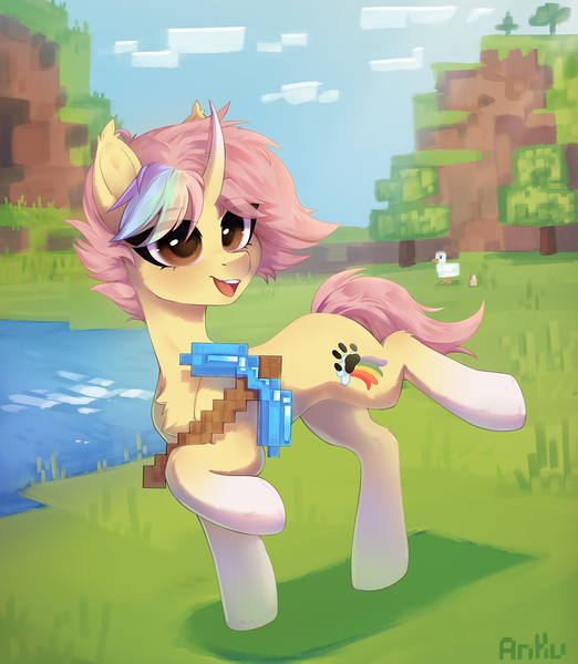 Size: 2610x3000 | Tagged: safe, artist:anku, derpibooru import, oc, oc:ponkus, bat pony, bat pony unicorn, bird, chicken, hybrid, pony, unicorn, :d, chest fluff, curved horn, diamond pickaxe, female, high res, horn, image, mare, minecraft, open mouth, open smile, pickaxe, png, smiling, solo