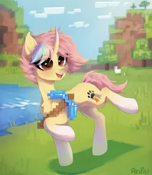 Size: 2610x3000 | Tagged: safe, artist:anku, derpibooru import, oc, bird, chicken, pony, unicorn, chest fluff, diamond pickaxe, female, high res, image, mare, minecraft, open mouth, open smile, pickaxe, png, smiling, solo