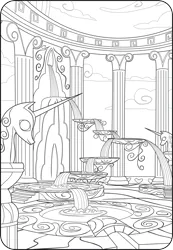 Size: 2324x3360 | Tagged: safe, derpibooru import, official, black and white, cloud, cloudsdale, coloring page, grayscale, image, ionic column, liquid rainbow, marble bust, monochrome, no pony, pillar, png, simple background, weather factory, white background