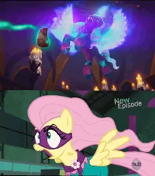 Size: 720x814 | Tagged: safe, derpibooru import, fluttershy, saddle rager, alicorn, pegasus, pony, g5, my little pony: make your mark, power ponies (episode), angry, female, fluttershy is not amused, good vs evil, image, jpeg, mare, missing the mark, my little pony: make your mark chapter 4, opaline arcana, opaline's dark castle, open mouth, power ponies, unamused