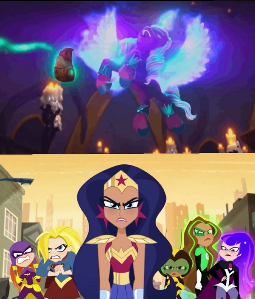 Size: 720x844 | Tagged: safe, derpibooru import, alicorn, pony, g5, my little pony: make your mark, batgirl, bumblebee (dc comics), crossover, dc comics, dc superhero girls, good vs evil, image, jessica cruz, jpeg, missing the mark, my little pony: make your mark chapter 4, opaline arcana, opaline's dark castle, supergirl, wonder woman, zatanna