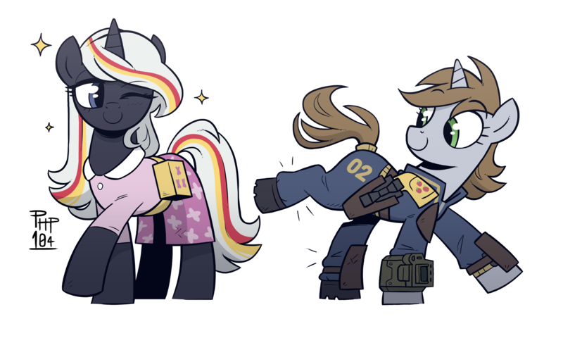 Size: 3000x1800 | Tagged: safe, artist:wandrevieira1994, derpibooru import, oc, oc:littlepip, oc:velvet remedy, unofficial characters only, pony, unicorn, fallout equestria, clothes, dress, fallout, gun, handgun, image, jumpsuit, little macintosh, png, revolver, vault suit, weapon