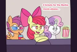 Size: 1476x1000 | Tagged: safe, artist:felicitea, derpibooru import, apple bloom, scootaloo, sweetie belle, earth pony, pegasus, pony, unicorn, 3d glasses, barbie (film), cinema, cutie mark crusaders, food, image, jpeg, popcorn, slushie