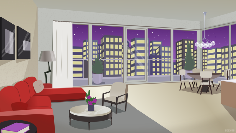 Size: 7680x4319 | Tagged: safe, artist:n0kkun, artist:swiftgaiathebrony, derpibooru import, apartment, background, building, chair, city, couch, image, manehattan, night, pillow, png, stars, table