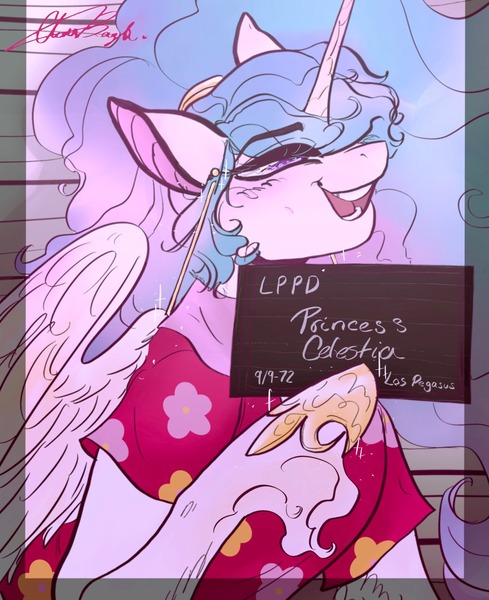 Size: 1669x2048 | Tagged: safe, artist:rare-apples, derpibooru import, part of a set, princess celestia, alicorn, pony, barbie mugshot meme, bust, clothes, hoof hold, image, jpeg, meme, mugshot, smiling, solo, text