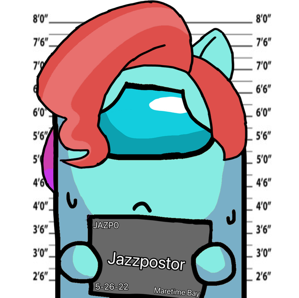 Size: 1037x1033 | Tagged: safe, artist:josephthedumbimpostor, derpibooru import, g5, among us, barbie mugshot meme, female, image, impostor, jazz hooves, meme, mugshot, png, solo, sweat, sweatdrop