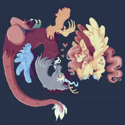Size: 1440x1440 | Tagged: safe, artist:zeraphiimm, derpibooru import, discord, fluttershy, draconequus, pegasus, pony, discoshy, duo, female, flying, heart, image, jpeg, looking at each other, looking at someone, male, pixel art, shipping, simple background, spread wings, straight, unshorn fetlocks, wings
