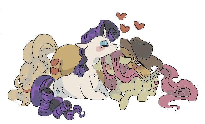 Size: 655x396 | Tagged: safe, artist:zeraphiimm, derpibooru import, applejack, fluttershy, rarity, earth pony, pegasus, pony, unicorn, appleshy, blushing, cuddling, eyes closed, female, flarity, hat, heart, image, jpeg, lesbian, lying down, rarijack, shipping, trio