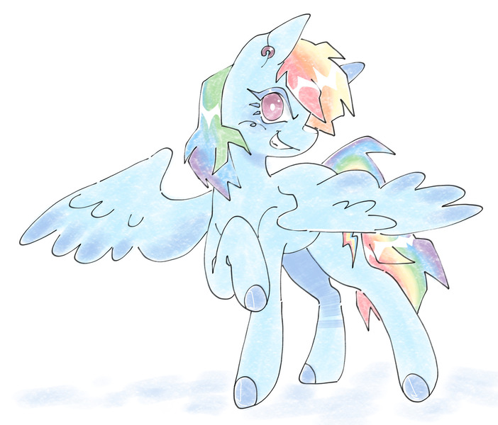 Size: 1994x1705 | Tagged: safe, artist:nutsack90, derpibooru import, rainbow dash, pegasus, pony, ear piercing, image, jpeg, looking at you, piercing, raised hoof, simple background, smiling, solo, spread wings, white background, wings