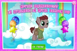 Size: 1961x1305 | Tagged: safe, derpibooru import, official, dust brush, earth pony, pony, advertisement, bag, balloon, balloon pop, clothes, colt, english, foal, gameloft, image, jpeg, male, mobile game, my little pony: magic princess, shirt, stallion, text