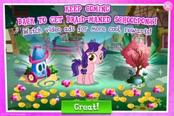 Size: 1960x1301 | Tagged: safe, derpibooru import, official, raspberry dazzle, pony, unicorn, advertisement, coin, english, female, filly, foal, gameloft, gem, horn, image, jpeg, mare, mobile game, my little pony: magic princess, text, tree, vacuum cleaner