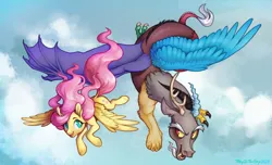 Size: 4702x2850 | Tagged: safe, artist:t0byinthesky, derpibooru import, discord, fluttershy, draconequus, pegasus, pony, cloud, discoshy, duo, female, flying, image, looking at each other, looking at someone, male, mare, open mouth, open smile, png, shipping, signature, sky, smiling, straight