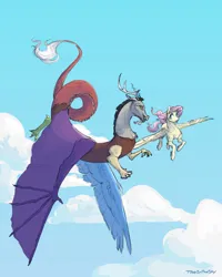 Size: 1024x1280 | Tagged: safe, artist:t0byinthesky, derpibooru import, discord, fluttershy, draconequus, pegasus, pony, cloud, discoshy, duo, female, flying, image, jpeg, looking at each other, looking at someone, male, mare, open mouth, open smile, shipping, sky, smiling, straight