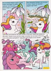 Size: 570x800 | Tagged: safe, derpibooru import, official, ivy, light heart, morning glory, sundance (g2), sunsparkle, earth pony, pony, g1, g2, comic, female, flower, image, jpeg, mare, outdoors, snow, snowdrop (flower), text, tree