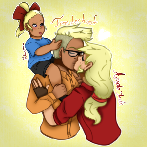 Size: 3500x3500 | Tagged: safe, artist:victoriaisme1, derpibooru import, applejack, trenderhoof, oc, oc:harper, human, abstract background, eyes closed, family, female, glasses, heart, humanized, humanized oc, image, kiss on the lips, kissing, light skin, male, moderate dark skin, offspring, parent:applejack, parent:trenderhoof, parents:trenderjack, png, shipping, shoulder ride, straight, tan skin, tongue out, trenderjack