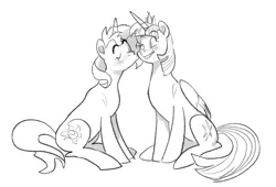 Size: 1911x1302 | Tagged: safe, artist:daisanfar, derpibooru import, sunset shimmer, twilight sparkle, twilight sparkle (alicorn), alicorn, pony, equestria girls, crown, eyes closed, female, image, jewelry, jpeg, kissing, lesbian, monochrome, one eye closed, regalia, shipping, sitting, smiling, sunsetsparkle, wink