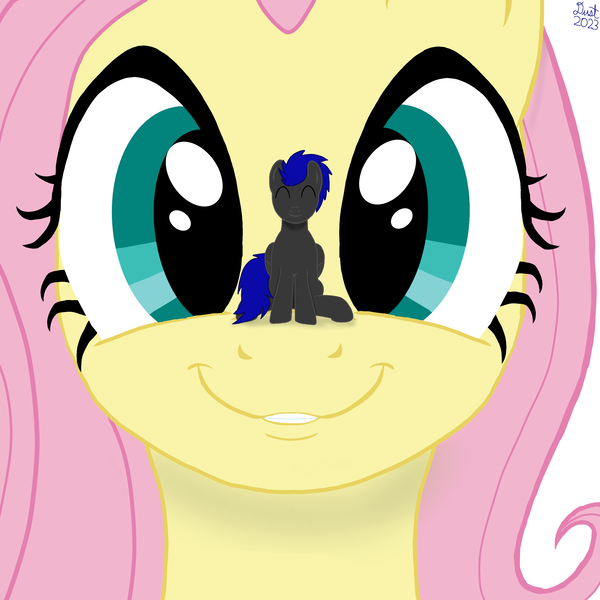 Size: 3000x3000 | Tagged: safe, artist:dust, derpibooru import, fluttershy, oc, oc:shadow spirits, pegasus, pony, birthday gift, female, giant pony, image, macro, male, mare, micro, pegasus oc, png, simple background, sitting, sitting on nose, stallion, tiny, tiny ponies, wings