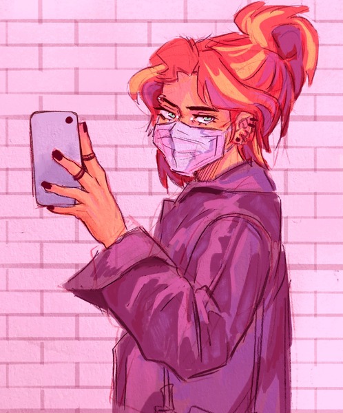 Size: 1700x2048 | Tagged: safe, artist:corstella, derpibooru import, sunset shimmer, human, equestria girls, clothes, ear piercing, image, jacket, jpeg, looking at you, mask, phone, piercing, ponytail, selfie, solo