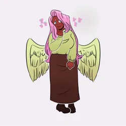 Size: 1440x1440 | Tagged: safe, artist:emiwemmyy, derpibooru import, fluttershy, human, blackwashing, clothes, dark skin, fat, humanized, image, jpeg, simple background, skirt, smiling, solo, sweater, white background, wings