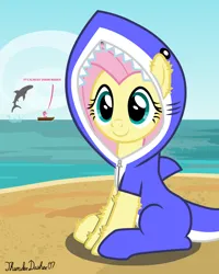 Size: 1024x1280 | Tagged: safe, alternate version, artist:thunderdasher07, derpibooru import, fluttershy, pinkie pie, earth pony, great white shark, pegasus, pony, shark, animal costume, beach, bipedal, boat, breaching, chest fluff, clothes, costume, dialogue, ear fluff, eyes closed, female, footed sleeper, hoof fluff, hooves up, image, kigurumi, leg fluff, looking at you, mare, onesie, png, raised hoof, raised hooves, rowboat, shark costume, shark week, signature, sitting, smiling, solo focus, text, zipper
