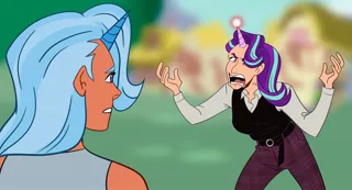 Size: 2048x1104 | Tagged: safe, artist:emiwemmyy, derpibooru import, starlight glimmer, trixie, anthro, human, angry, clothes, duo, horn, horned humanization, humanized, image, jpeg, looking at each other, looking at someone, open mouth