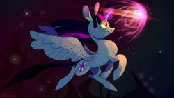 Size: 1280x723 | Tagged: safe, artist:1racat, derpibooru import, twilight sparkle, twilight sparkle (alicorn), alicorn, pony, flying, frown, image, magic, png, solo, spread wings, wings