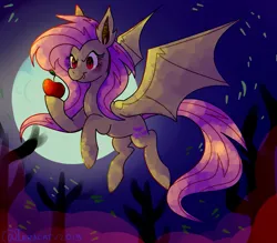 Size: 1280x1120 | Tagged: safe, artist:1racat, derpibooru import, fluttershy, bat pony, pony, apple, bat ponified, flutterbat, flying, food, image, jpeg, race swap, smiling, solo, spread wings, wings