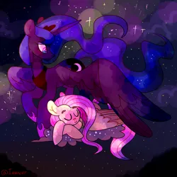 Size: 1280x1280 | Tagged: safe, artist:1racat, derpibooru import, fluttershy, princess luna, alicorn, pegasus, pony, duo, image, jewelry, lying down, png, regalia, sleeping, space