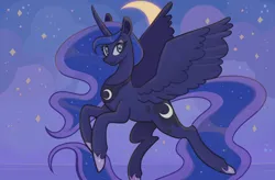 Size: 1280x838 | Tagged: safe, artist:1racat, derpibooru import, princess luna, alicorn, pony, flying, image, jewelry, png, regalia, smiling, solo, spread wings, wings