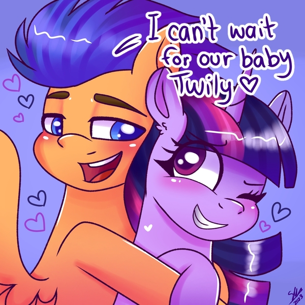 Size: 1280x1280 | Tagged: safe, artist:galaxy swirl, derpibooru import, flash sentry, twilight sparkle, twilight sparkle (alicorn), alicorn, pegasus, pony, eye clipping through hair, female, flashlight, grin, hug, image, jpeg, looking at each other, looking at someone, male, one eye closed, open mouth, open smile, shipping, smiling, straight