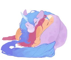 Size: 1000x850 | Tagged: safe, artist:bananasmores, derpibooru import, izzy moonbow, sunny starscout, earth pony, pony, unicorn, g5, butt pillow, cuddling, duo, eyes closed, image, jpeg, lying down, simple background, smiling, white background
