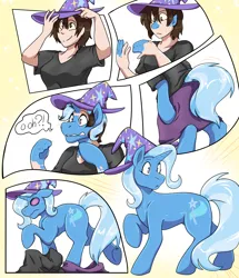 Size: 3880x4513 | Tagged: safe, artist:warlockmaru, derpibooru import, trixie, human, pony, unicorn, absurd resolution, clothes, comic, female, hat, human to pony, image, mare, png, solo, speech bubble, transformation, transformation sequence, trixie's hat