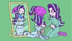 Size: 1280x720 | Tagged: safe, artist:bugssonicx, derpibooru import, edit, starlight glimmer, human, equestria girls, cloth gag, clothes, evil starlight, gag, humanized, image, impostor, mirror, onesie, pajamas, png, starlight glimmer in places she shouldn't be, starlight's gag, tied up