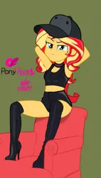 Size: 613x1080 | Tagged: safe, artist:gibsterboy5, derpibooru import, sunset shimmer, human, equestria girls, armchair, baseball cap, boots, cap, chair, choker, clothes, female, green background, hat, high heel boots, high heels, image, leather, leather boots, looking at someone, photoshop, png, shoes, shorts, simple background, sitting, solo, tanktop, text, thigh boots