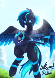 Size: 4961x7016 | Tagged: safe, artist:abyssalrabbit, derpibooru import, oc, unofficial characters only, pegasus, pony, absurd resolution, electric guitar, guitar, image, musical instrument, png, signature, spread wings, wings