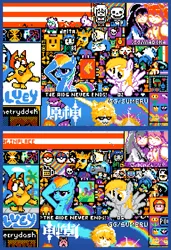 Size: 593x868 | Tagged: safe, derpibooru import, editor:torpy, screencap, applejack, derpy hooves, queen chrysalis, rainbow dash, sunny starscout, twilight sparkle, g5, bluey, image, pixel art, pixelated, png, r place, r/place, r/place2023, reddit, rplace