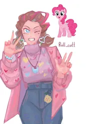 Size: 750x1050 | Tagged: safe, artist:sunmur, derpibooru import, pinkie pie, earth pony, human, pony, alternate hairstyle, blushing, clothes, coat, denim, deviantart watermark, ear piercing, earring, face paint, female, grin, humanized, image, jeans, jewelry, jpeg, makeup, mare, necklace, obtrusive watermark, one eye closed, pants, piercing, simple background, smiling, solo, sweater, watermark, white background, wink