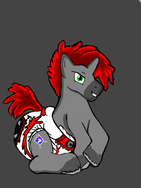 Size: 512x680 | Tagged: suggestive, artist:cavewolfphil, derpibooru import, oc, unofficial characters only, pony, unicorn, diaper, diaper fetish, fetish, gray background, helluva boss, image, male, non-baby in diaper, png, simple background, solo, stallion