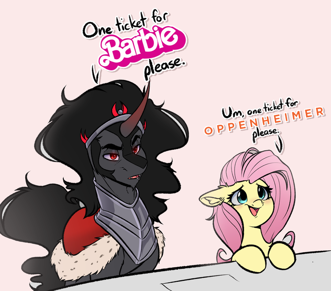 Size: 3024x2664 | Tagged: safe, artist:witchtaunter, derpibooru import, fluttershy, king sombra, pegasus, pony, unicorn, armor, barbenheimer, barbie, barbie (film), cape, chest fluff, clothes, crown, cute, dialogue, duo, duo male and female, ear fluff, female, floppy ears, image, jewelry, male, mare, meme, open mouth, oppenheimer, png, red eyes, regalia, stallion, talking, text