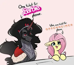 Size: 3024x2664 | Tagged: safe, artist:witchtaunter, derpibooru import, fluttershy, king sombra, pegasus, pony, unicorn, armor, barbenheimer, barbie, barbie (film), cape, chest fluff, clothes, crown, cute, dialogue, duo, duo male and female, ear fluff, female, floppy ears, image, jewelry, male, mare, meme, open mouth, oppenheimer, png, red eyes, regalia, stallion, talking, text