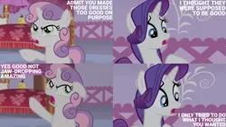 Size: 2000x1125 | Tagged: safe, derpibooru import, edit, edited screencap, editor:quoterific, screencap, rarity, sweetie belle, pony, unicorn, for whom the sweetie belle toils, season 4, angry, carousel boutique, female, image, mare, png, siblings, sisters