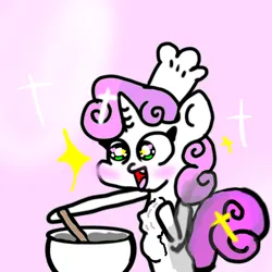 Size: 4096x4096 | Tagged: safe, artist:sweetsterty, derpibooru import, sweetie belle, pony, unicorn, blushing, chef's hat, cooking, cute, diasweetes, female, filly, foal, food, happy, hat, horn, image, innocent, open mouth, png, sharp teeth, sweetie belle can't cook, sweetie fail, teeth, this will end in pain