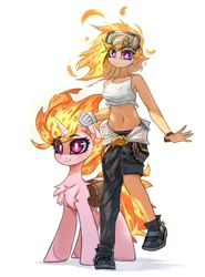 Size: 3023x4096 | Tagged: safe, artist:jfrxd, derpibooru import, oc, human, pony, unicorn, bare midriff, bracelet, chest fluff, clothes, fiery hair, fiery mane, fiery tail, gloves, goggles, humanized, image, jewelry, looking at you, magenta eyes, midriff, pants, png, purple eyes, shoes, short shirt, simple background, standing, standing on one leg, tanktop, white background, white pupils