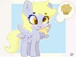 Size: 4000x3000 | Tagged: safe, artist:zokkili, derpibooru import, derpy hooves, pegasus, pony, :3, :p, eyebrows, eyebrows visible through hair, food, image, jpeg, muffin, smiling, solo, spread wings, that pony sure does love muffins, thought bubble, tongue out, wings