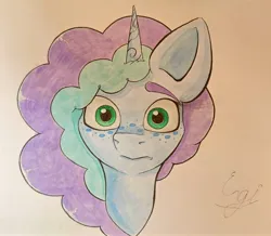 Size: 1956x1704 | Tagged: safe, artist:engi, derpibooru import, pony, unicorn, g5, female, freckles, image, jpeg, misty brightdawn, simple background, solo, traditional art, watercolor painting